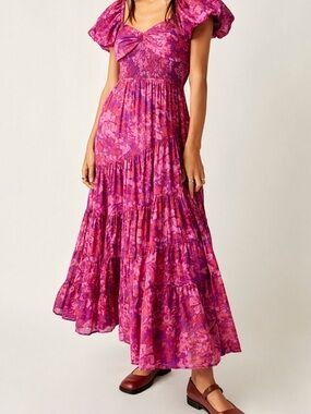 Anthropologie Magenta & Purple Floral Tiered Maxi Skirt